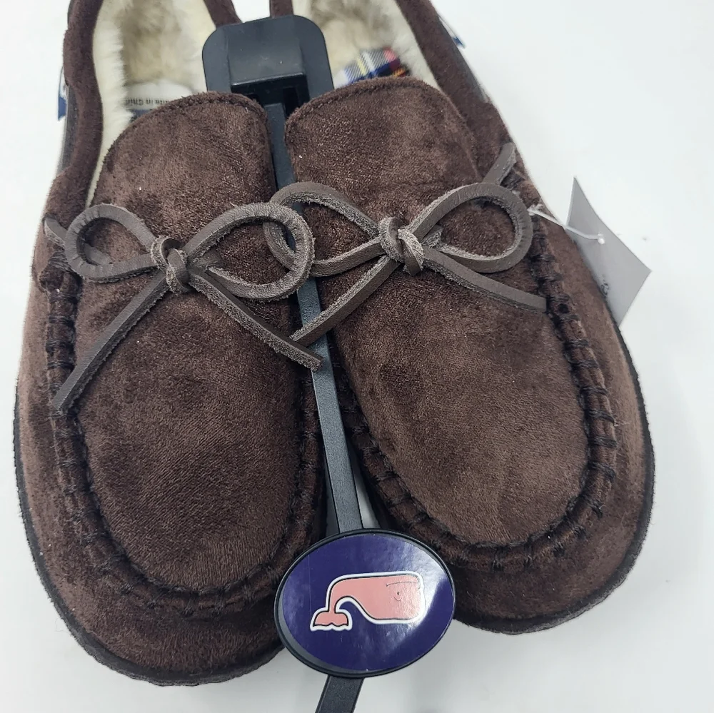 Vineyard Vines Boys Size 4 Peak Plaid Moccasin Slippers Brown‎ Suede Lined